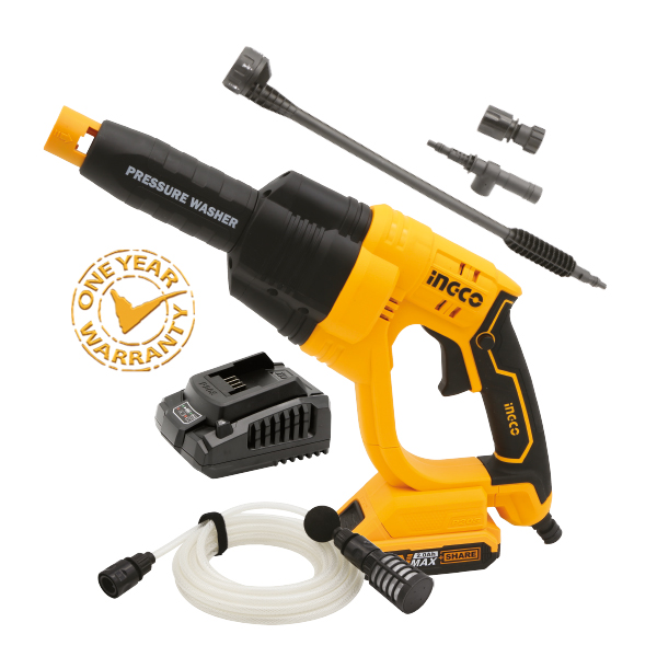 INGCO 20V LI ION CORDLESS PRESSURE WASHER KIT WITH 1 X 2AH BATTERY