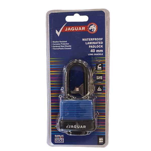 92641-PADLOCK-JAGUAR-WATERPROOF-LAMINATED-LONG-SHACKLE-40MM-BLUE
