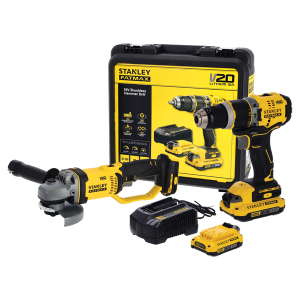 Stanley Brushless Cordless 20V Li ion Impact Drill 80Nm Cordless Angle Grinder 125mm with 2 x 2Ah Batteries BRIGHTS Hardware Shop Online