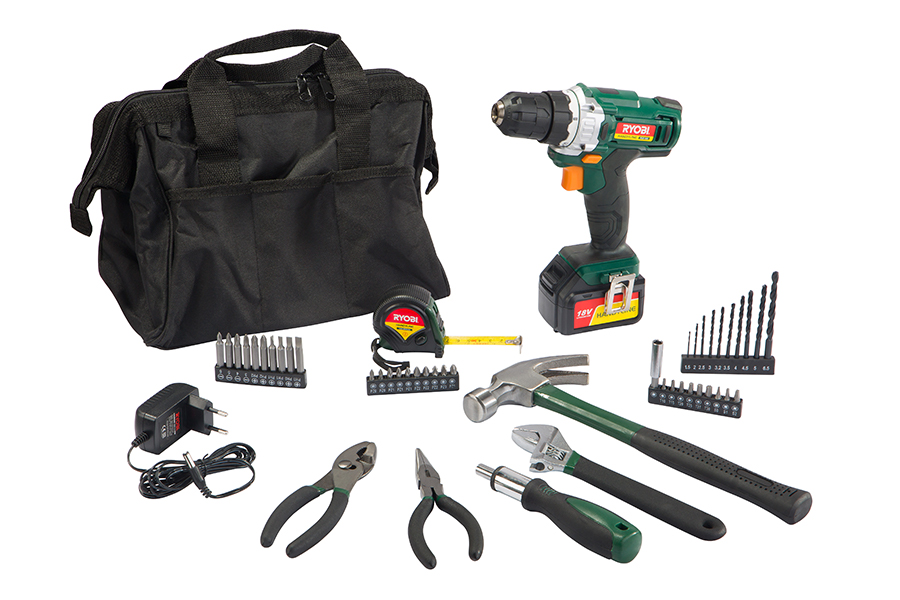 RYOBI 18V LI ION DRILL KIT WITH 70PC ACCESSORY BAG BRIGHTS